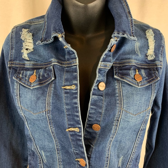 Skinny Fries distressed stretch blue denim jean jacket, size s - Picture 2 of 9